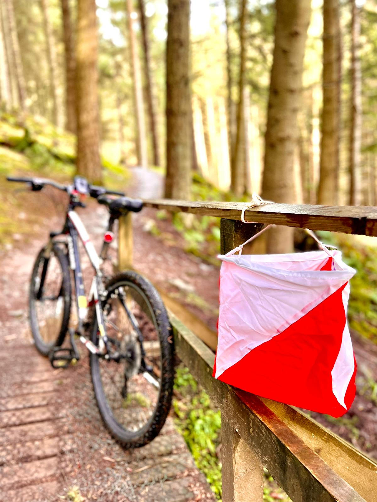 Bike against a bridge edge with a white and orange orienteering flag in the foreground
